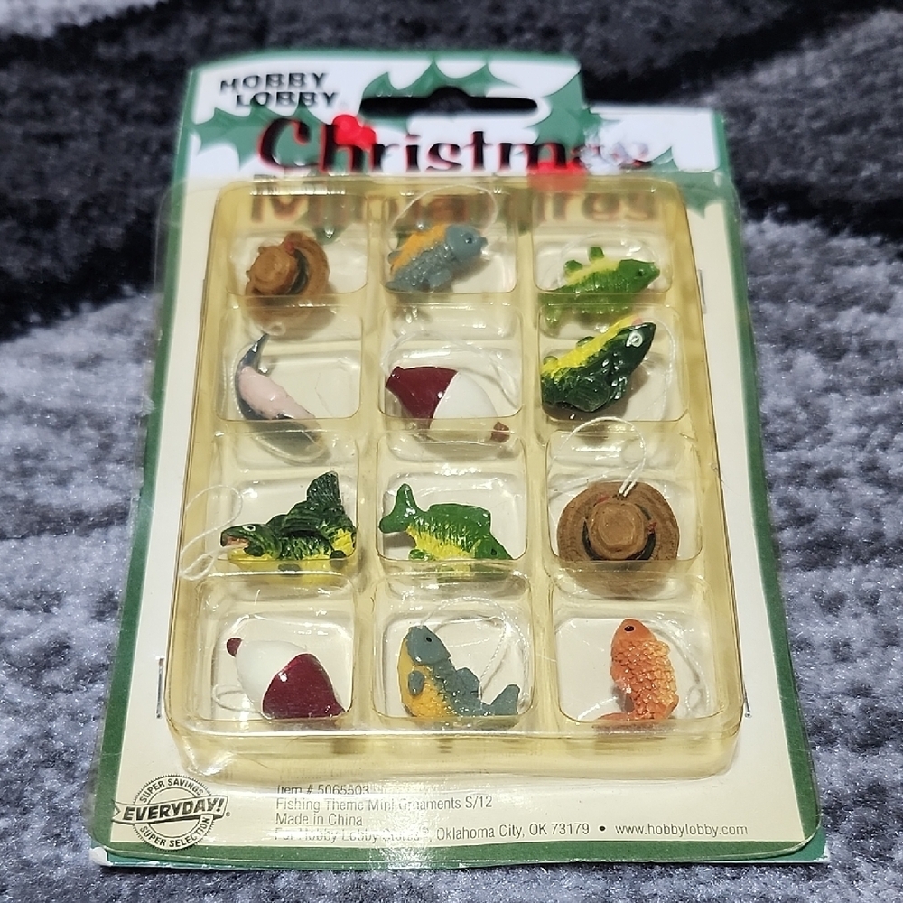 VINTAGE MINIATURE 12-PIECE FISHING THEMED CHRISTMAS ORNAMENTS